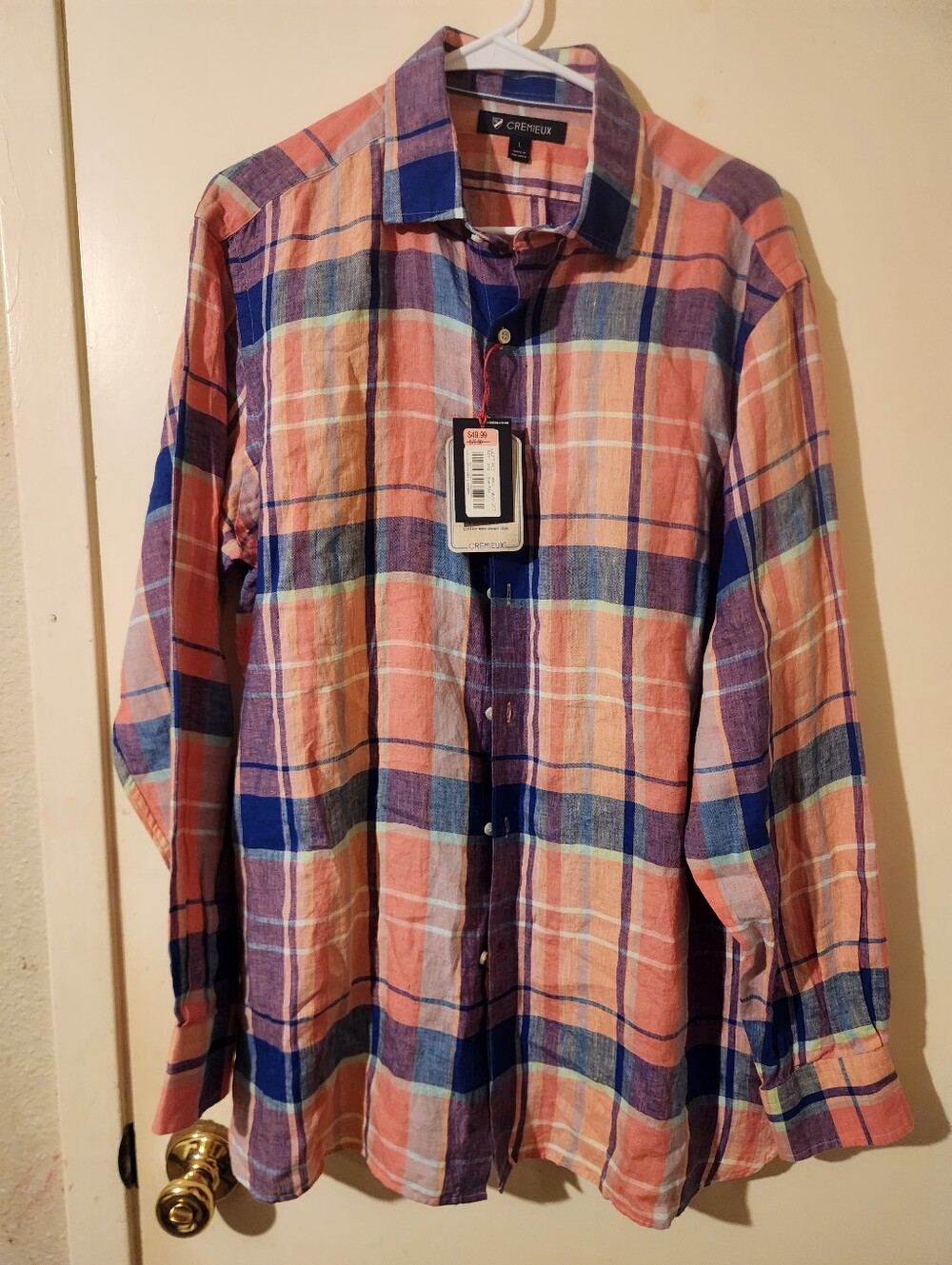 Daniel Cremieux Coral, Blue & Purple Plaid Linen Button-Down Shirt Sz Large